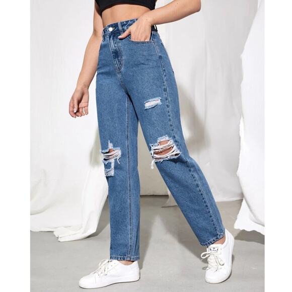 SHEIN High Rise Straight Leg Mom Jeans Ripped Size 28 - Picture 4 of 10